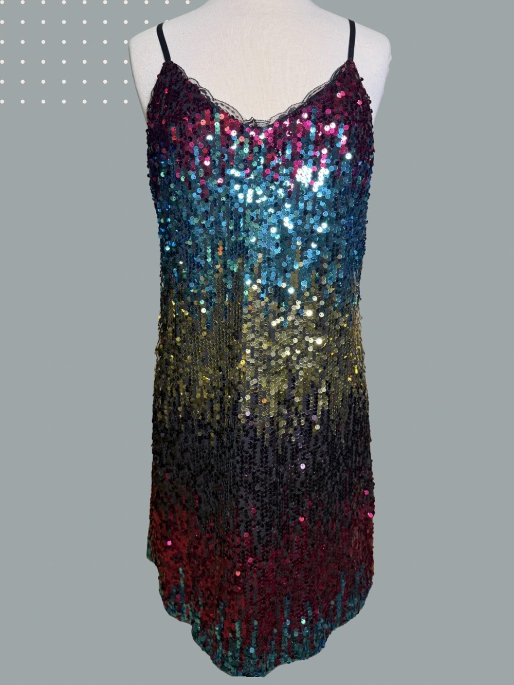 Kate Kasin Multi-Color Ombre Sequin Slip Dress Lace Trim Party Cocktail Glam XL